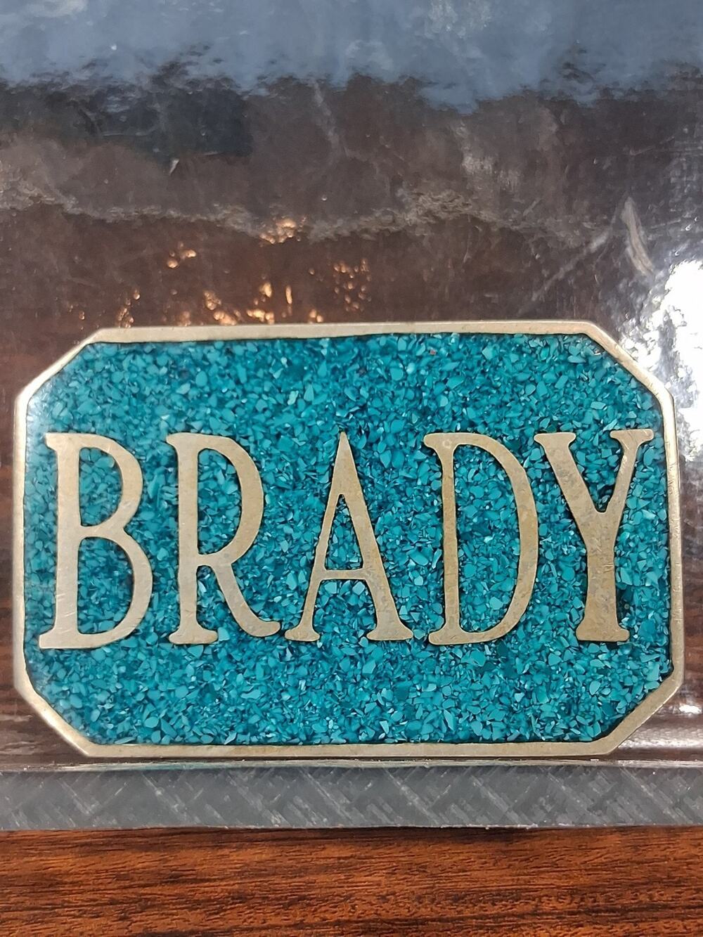 Vintage 1970's Brass Belt Buckle Crushed Turquoise Inlay "BRADY" Special Fun